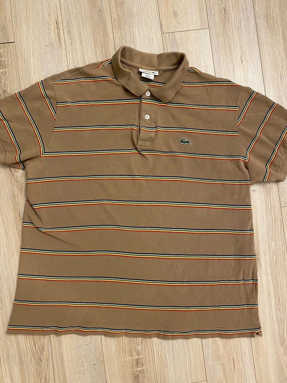 Lacoste Striped Polo Shirt Mens Size 5 Tan Multicolor Pinstripe